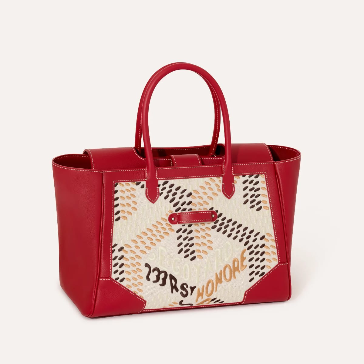 Cabas Saïgon brodé avec double anse en cuir rouge et panneau broderie