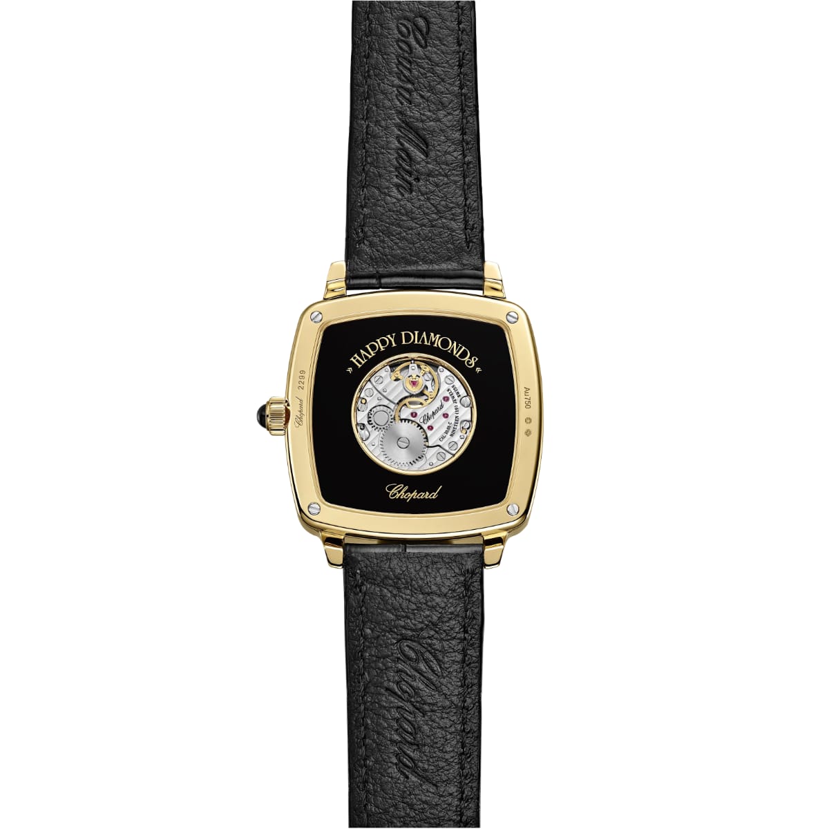 Dos de la Chopard Happy Diamonds Heritage 34 mm avec fond saphir et mouvement mécanique