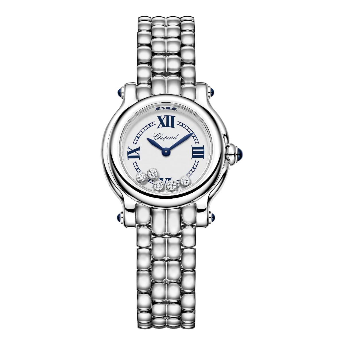 Montre Chopard Happy Sport The First en acier avec bracelet galet et diamants mobiles