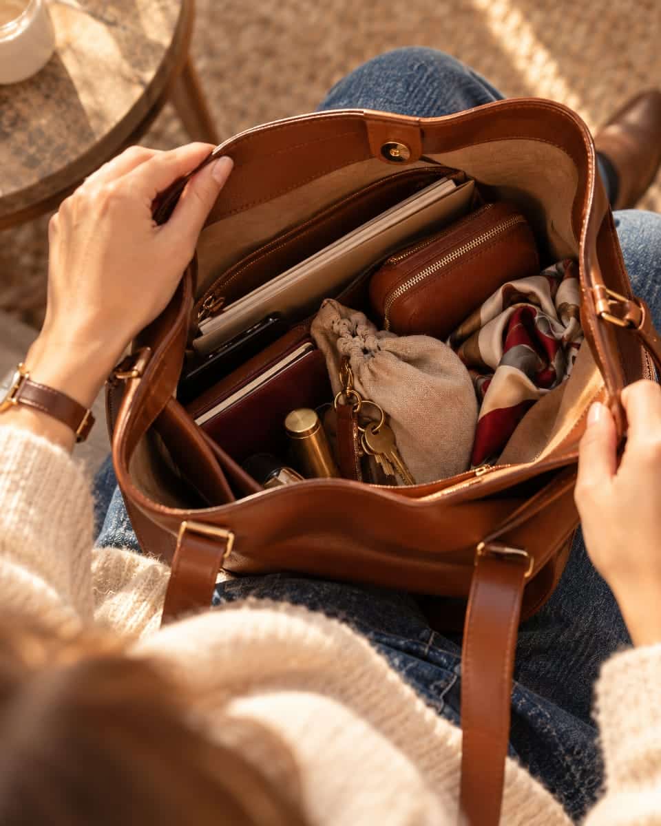 Une femme ouvre son sac en cuir camel, vue plongeante sur son contenu