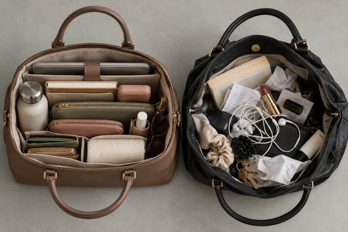 Comparaison entre un sac organisé avec pochettes et un sac en désordre
