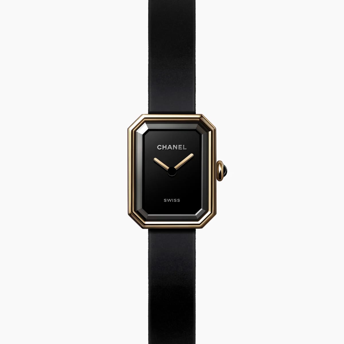 Montre Chanel Première mini avec cadran noir, boîtier doré et bracelet noir