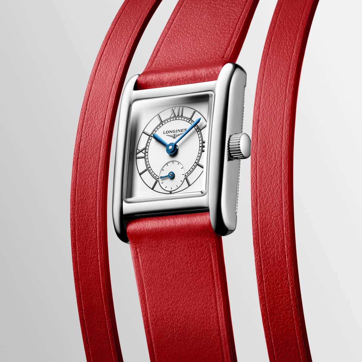 Montre Longines Mini DolceVita rectangulaire en acier avec bracelet rouge