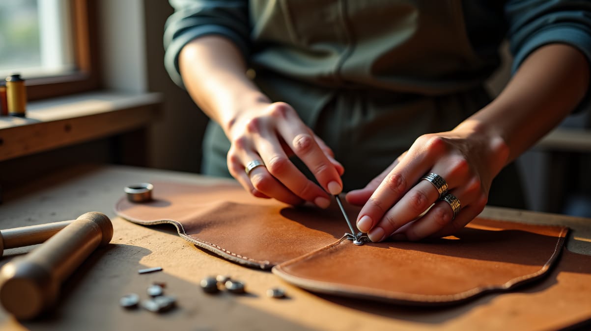 Travail artisanal du cuir : des mains ajustent une pièce métallique sur une découpe de cuir brun.