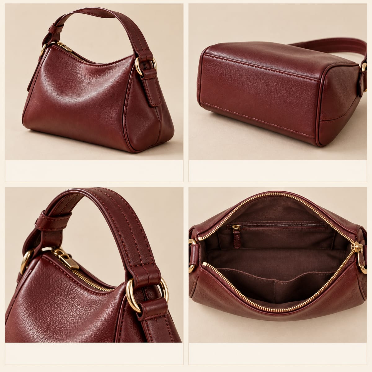 Vues d’un sac à main bordeaux : détails à examiner avant un achat de luxe sur Vinted.