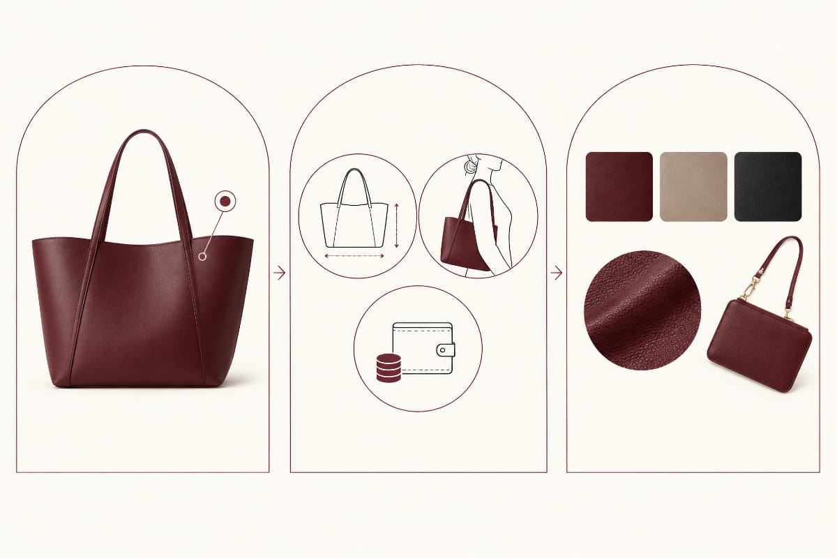 Trois groupes de critères pour rechercher un sac : modèle, dimensions et porté, puis couleur, matière et accessoires.